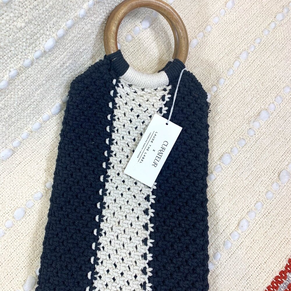 NWT Curateur x Laude the Label Macrame Black Cream 100% Cotton Acacia Wood Purse
